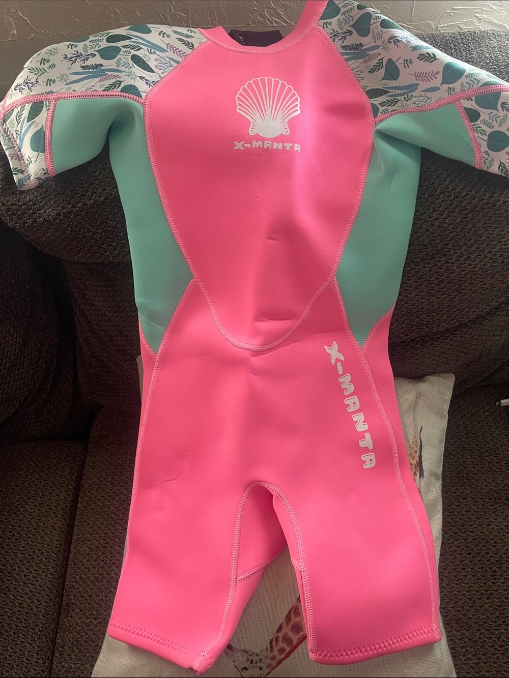 Girls Short-Sleeve Pink & Mint Swim Rashguard Suit with Printed Sleeves